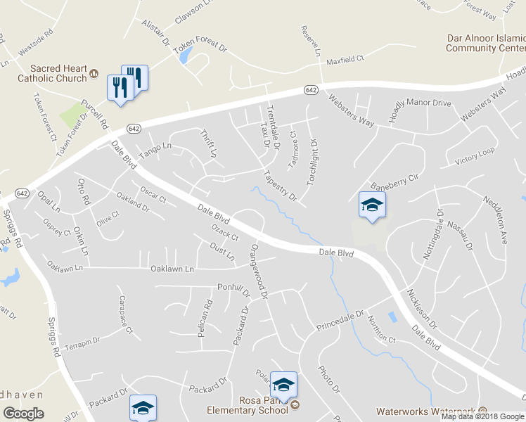 map of restaurants, bars, coffee shops, grocery stores, and more near 6120 Trident Lane in Woodbridge