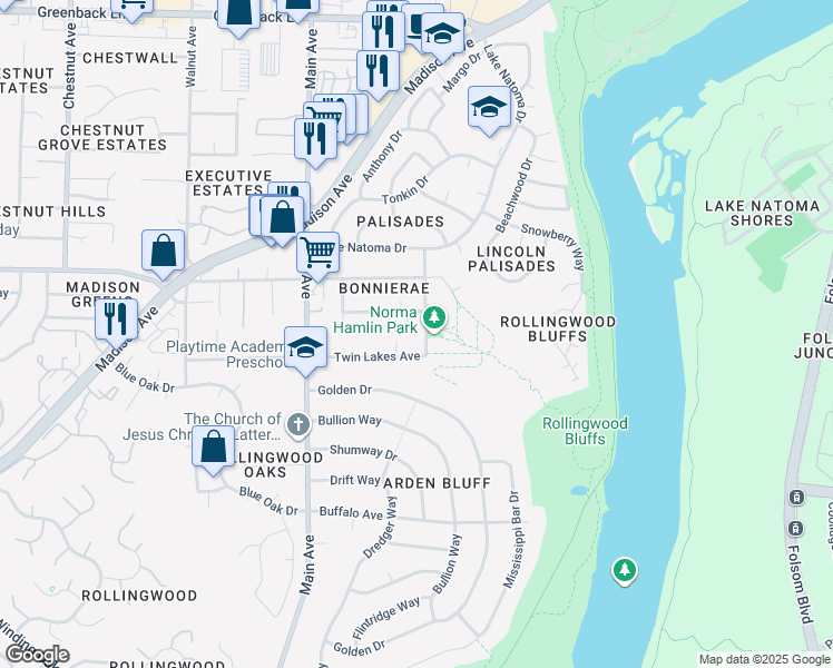 map of restaurants, bars, coffee shops, grocery stores, and more near 5613 Snipes Boulevard in Orangevale