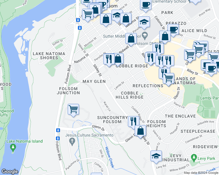 map of restaurants, bars, coffee shops, grocery stores, and more near 825 Sibley Street in Folsom
