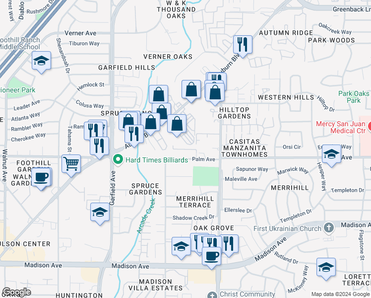 map of restaurants, bars, coffee shops, grocery stores, and more near 5717 Palm Avenue in Sacramento