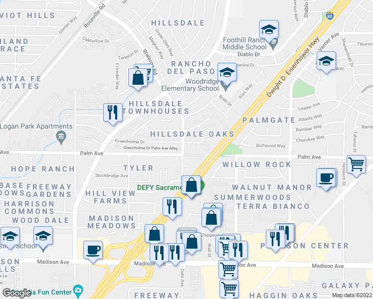 map of restaurants, bars, coffee shops, grocery stores, and more near 5600 Walerga Road in Sacramento