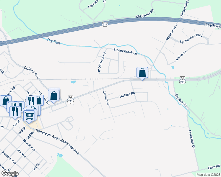 map of restaurants, bars, coffee shops, grocery stores, and more near 1234 East Main Street in Luray