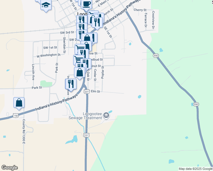 map of restaurants, bars, coffee shops, grocery stores, and more near 313 Poplar Street in Loogootee