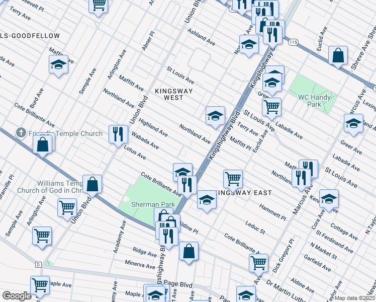 map of restaurants, bars, coffee shops, grocery stores, and more near 5050 Highland Avenue in St. Louis