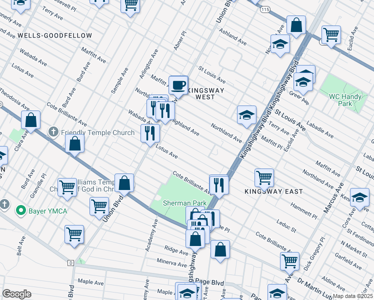 map of restaurants, bars, coffee shops, grocery stores, and more near 5144 Wabada Avenue in St. Louis