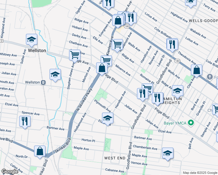 map of restaurants, bars, coffee shops, grocery stores, and more near 1279 Oak Court in St. Louis