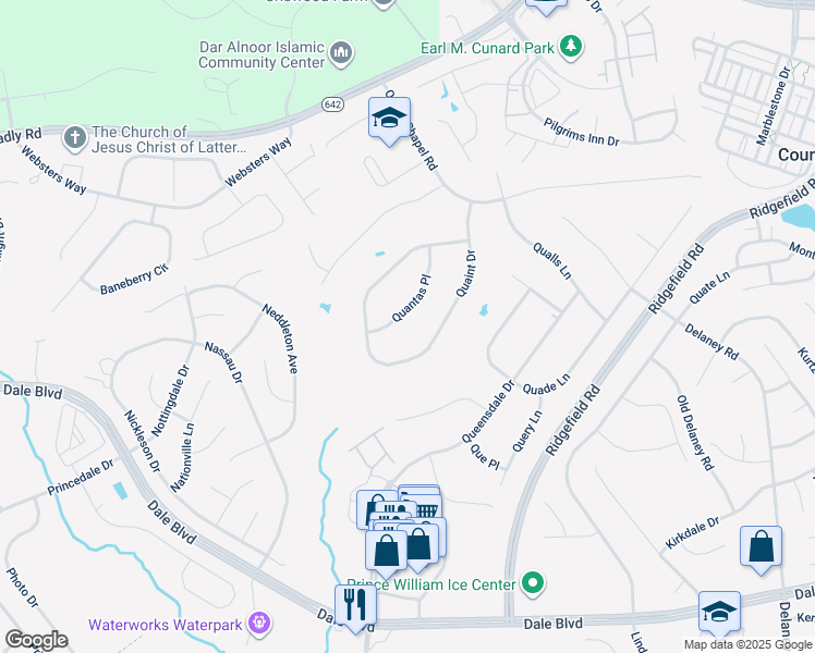 map of restaurants, bars, coffee shops, grocery stores, and more near 5435 Quantas Place in Woodbridge