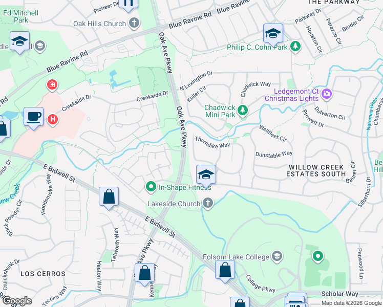 map of restaurants, bars, coffee shops, grocery stores, and more near 249 Thorndike Way in Folsom