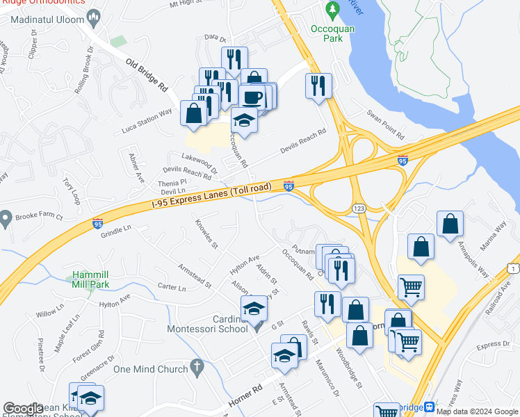 map of restaurants, bars, coffee shops, grocery stores, and more near 1436 Deerfield Lane in Woodbridge