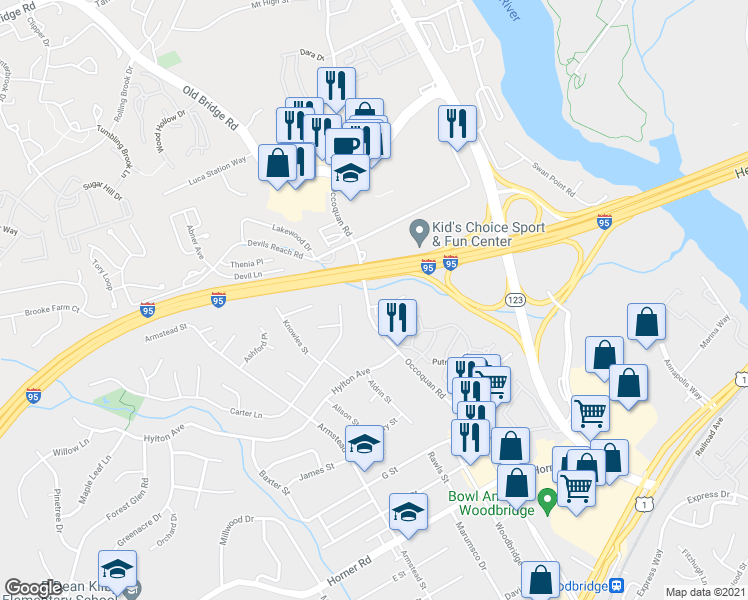 map of restaurants, bars, coffee shops, grocery stores, and more near 1436 Deerfield Lane in Woodbridge