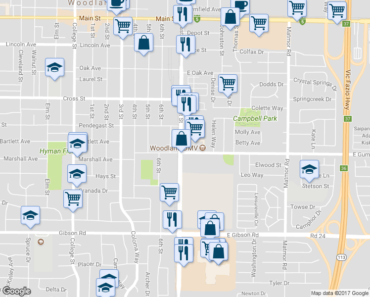 map of restaurants, bars, coffee shops, grocery stores, and more near 845 East Street in Woodland