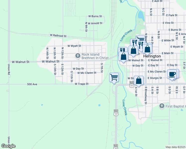 map of restaurants, bars, coffee shops, grocery stores, and more near 205 South 8th Street in Herington