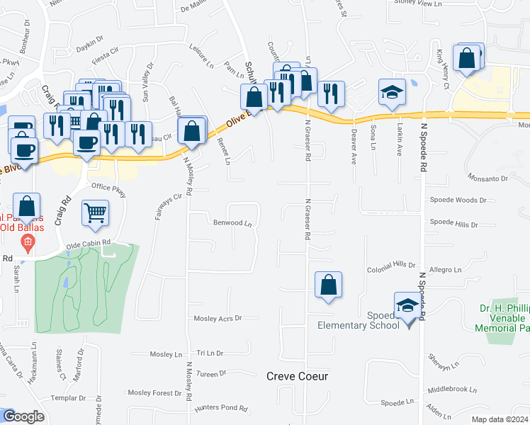 map of restaurants, bars, coffee shops, grocery stores, and more near 50 Morwood Lane in Creve Coeur