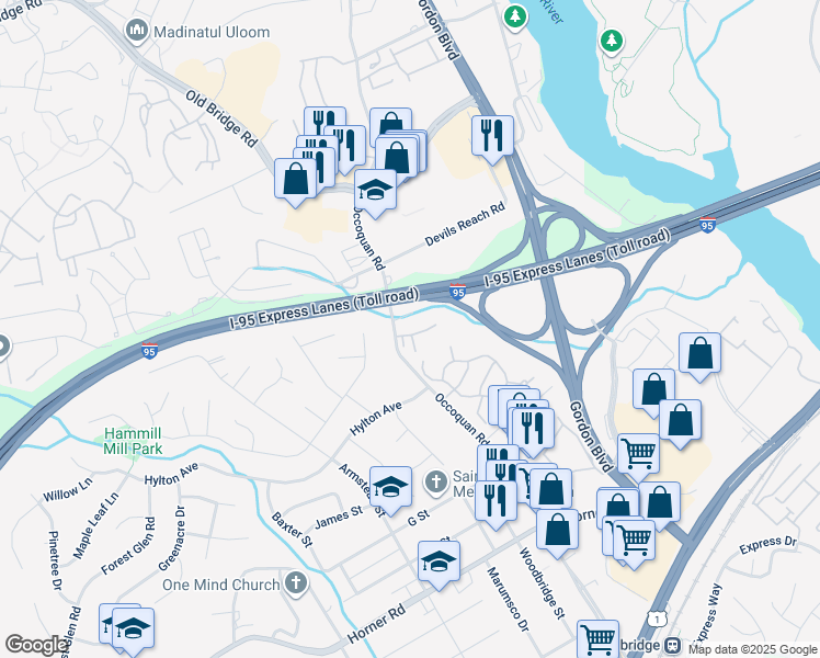 map of restaurants, bars, coffee shops, grocery stores, and more near 1428 Deerfield Lane in Woodbridge