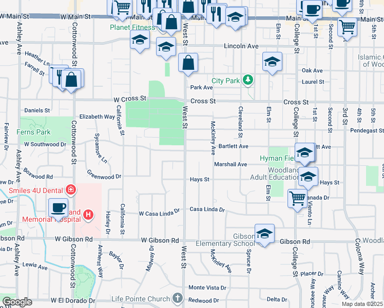 map of restaurants, bars, coffee shops, grocery stores, and more near 10 Southwood Drive in Woodland