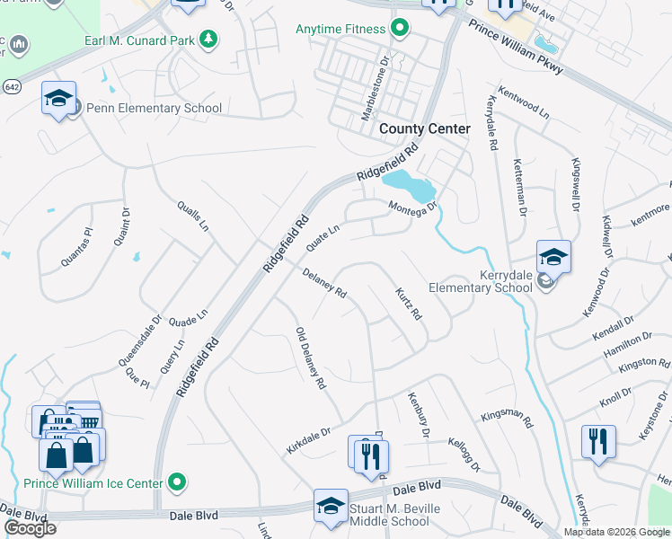 map of restaurants, bars, coffee shops, grocery stores, and more near 13205 Kurtz Road in Woodbridge