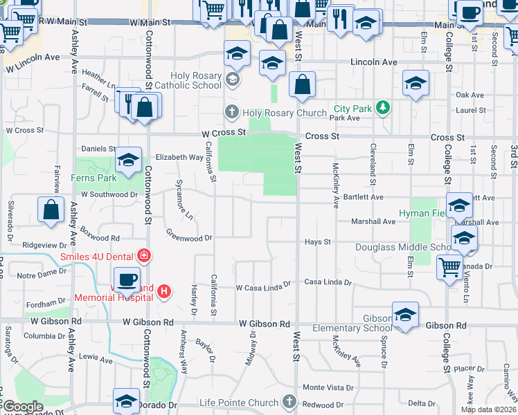map of restaurants, bars, coffee shops, grocery stores, and more near 35 West Southwood Drive in Woodland