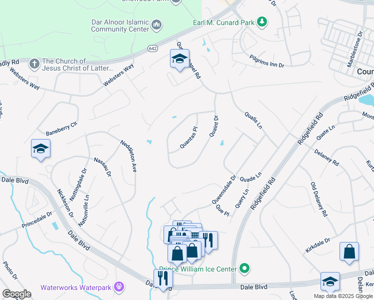 map of restaurants, bars, coffee shops, grocery stores, and more near 5435 Quantas Place in Woodbridge