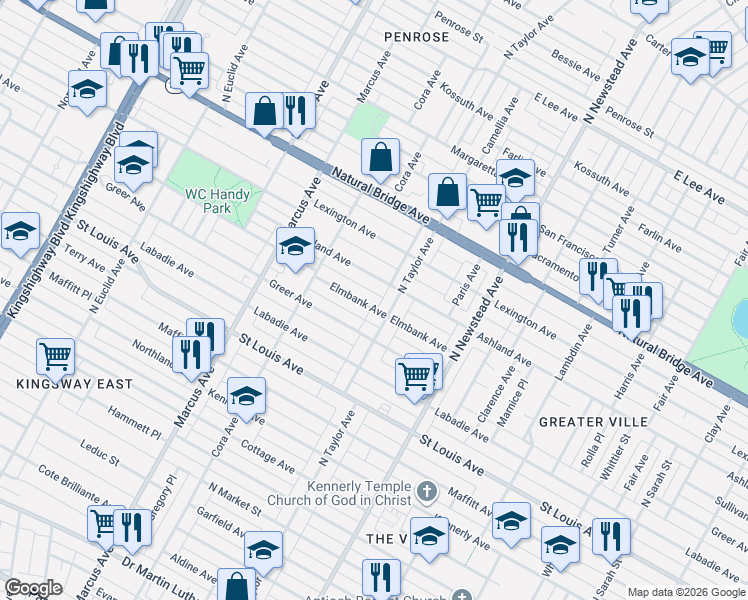 map of restaurants, bars, coffee shops, grocery stores, and more near 3209 North Taylor Avenue in St. Louis