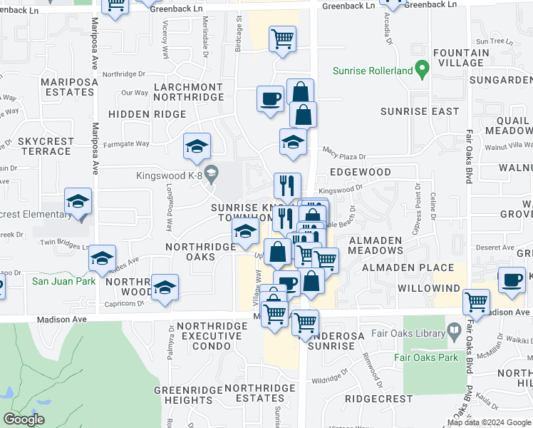 map of restaurants, bars, coffee shops, grocery stores, and more near 5614 Victoria Lane in Citrus Heights