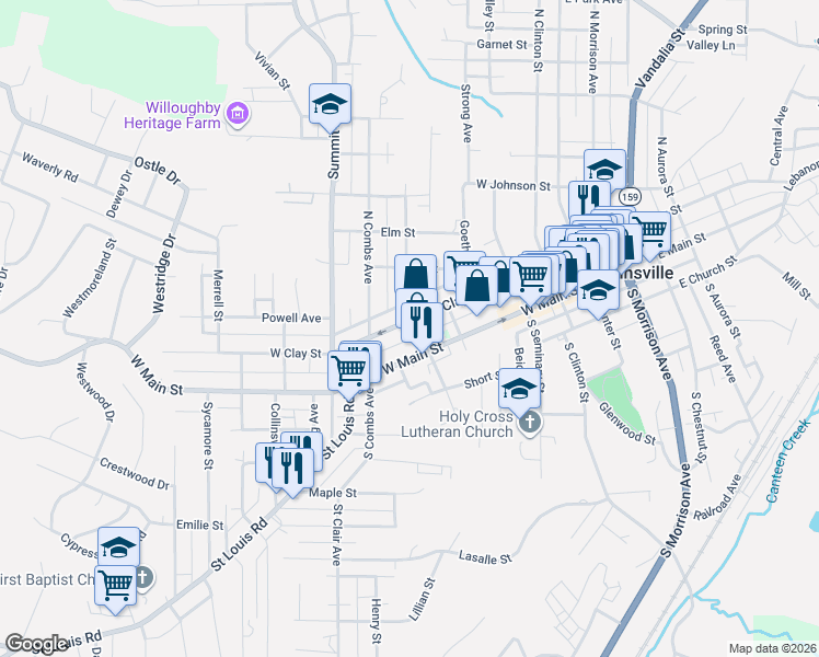 map of restaurants, bars, coffee shops, grocery stores, and more near 622 West Clay Street in Collinsville