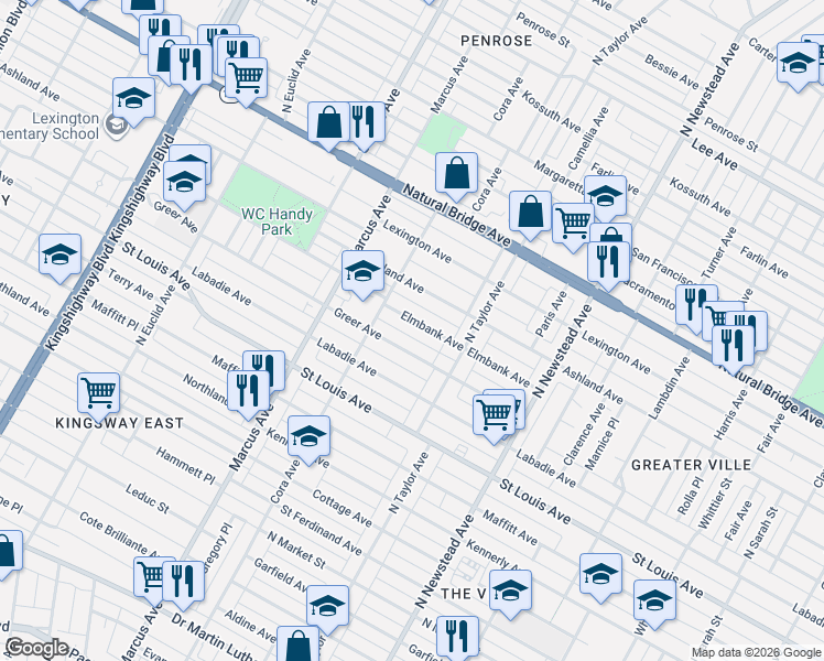 map of restaurants, bars, coffee shops, grocery stores, and more near 4540 Elmbank Avenue in St. Louis