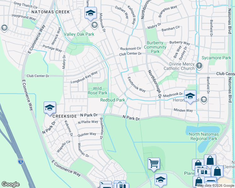 map of restaurants, bars, coffee shops, grocery stores, and more near 18 Allard Court in Sacramento