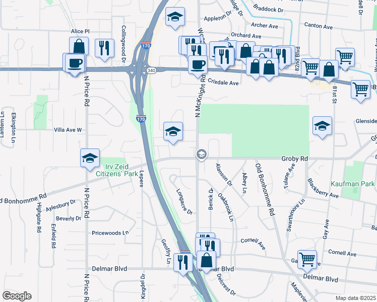 map of restaurants, bars, coffee shops, grocery stores, and more near 1001 North McKnight Road in St. Louis