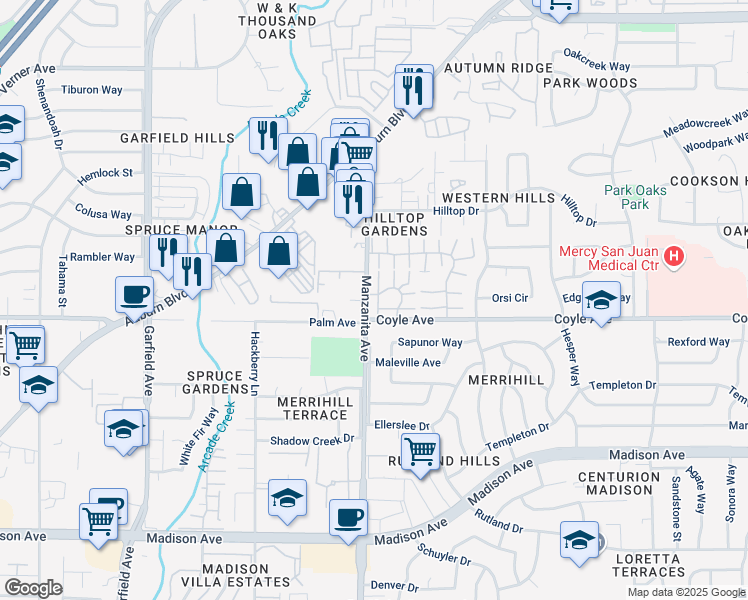 map of restaurants, bars, coffee shops, grocery stores, and more near 5904 Manzanita Avenue in Carmichael