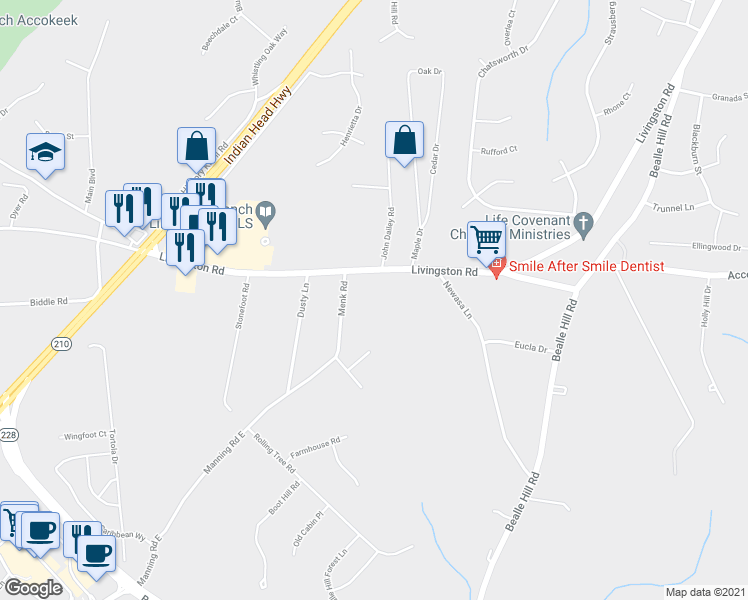 map of restaurants, bars, coffee shops, grocery stores, and more near 15746 Livingston Road in Accokeek