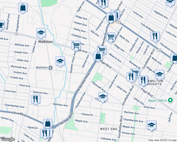 map of restaurants, bars, coffee shops, grocery stores, and more near 1265 Ryan Terrace in St. Louis