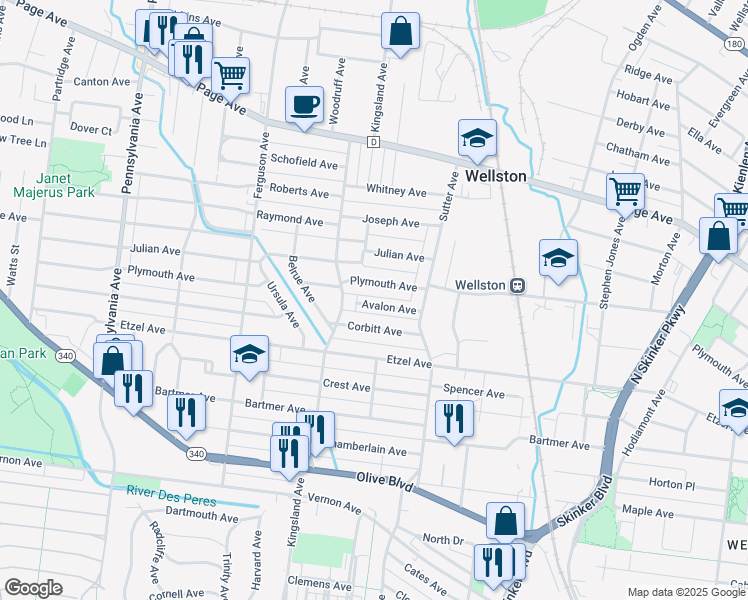 map of restaurants, bars, coffee shops, grocery stores, and more near 6547 Avalon Avenue in University City