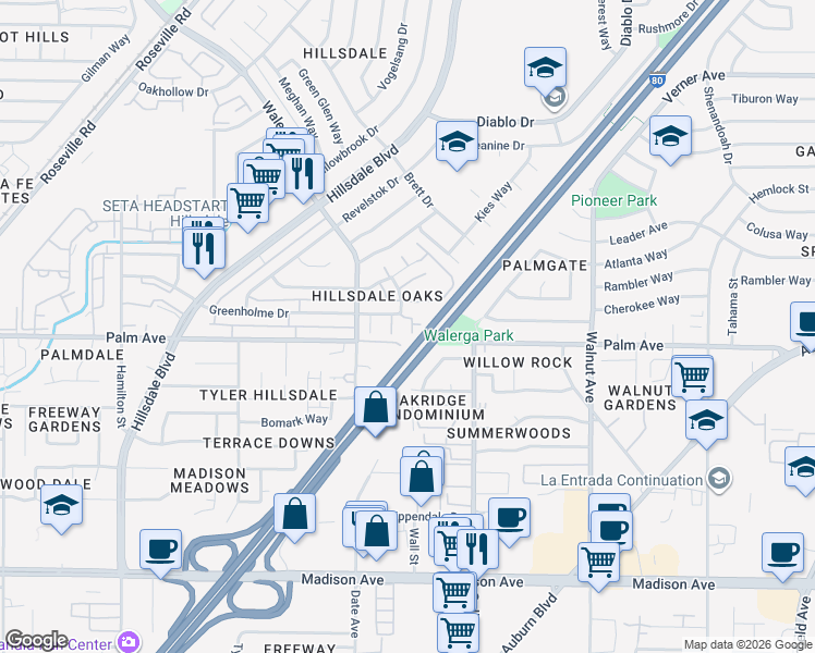map of restaurants, bars, coffee shops, grocery stores, and more near 4718 Greenholme Drive in Sacramento