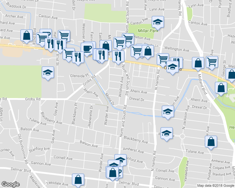 map of restaurants, bars, coffee shops, grocery stores, and more near 7725 Drexel Drive in University City