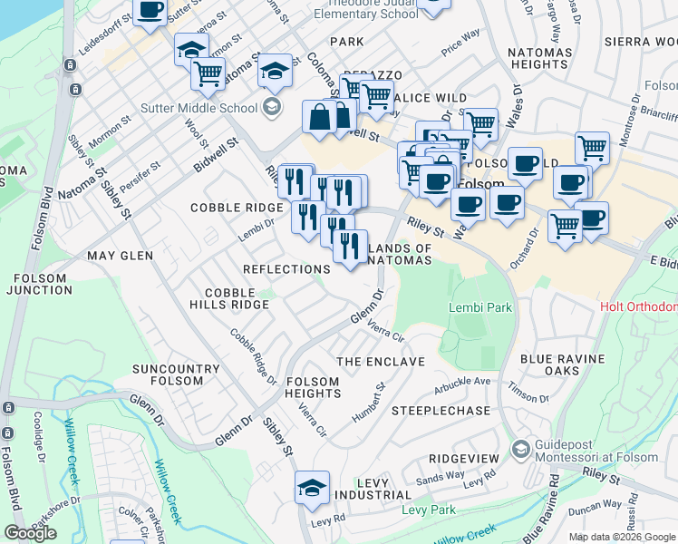 map of restaurants, bars, coffee shops, grocery stores, and more near 1012 Riley Street in Folsom