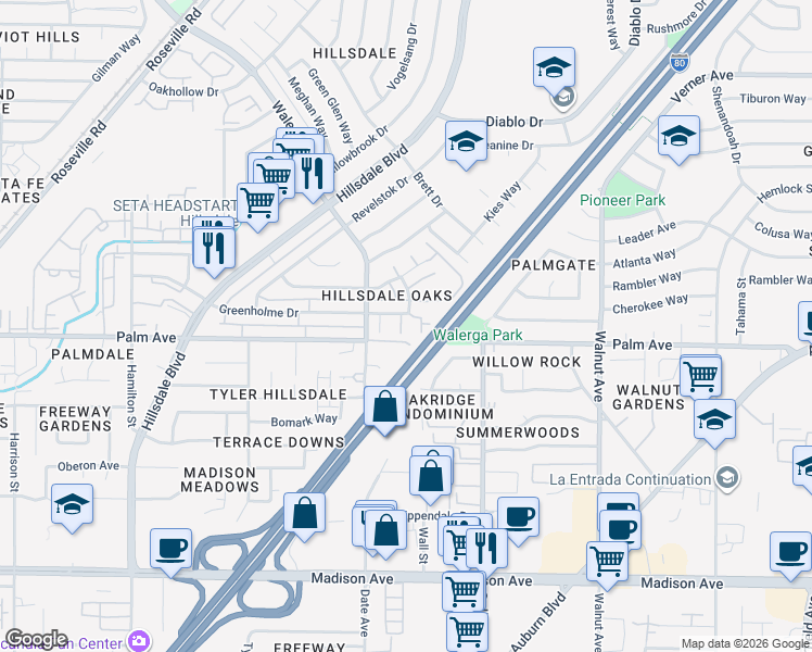 map of restaurants, bars, coffee shops, grocery stores, and more near 4718 Greenholme Drive in Sacramento