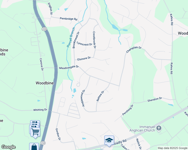 map of restaurants, bars, coffee shops, grocery stores, and more near 7838 Meadowgate Drive in Manassas