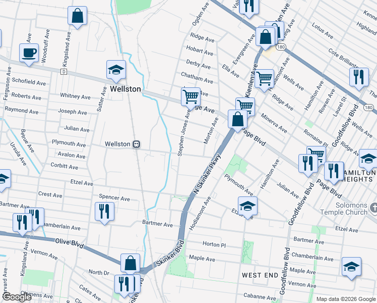 map of restaurants, bars, coffee shops, grocery stores, and more near 6225 Plymouth Avenue in St. Louis