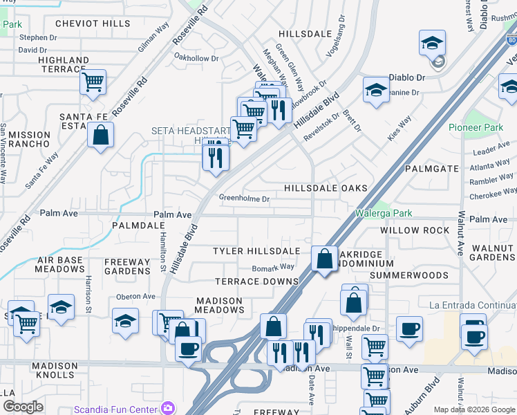 map of restaurants, bars, coffee shops, grocery stores, and more near 4613 Greenholme Dr Palm Avenue Alley in Sacramento