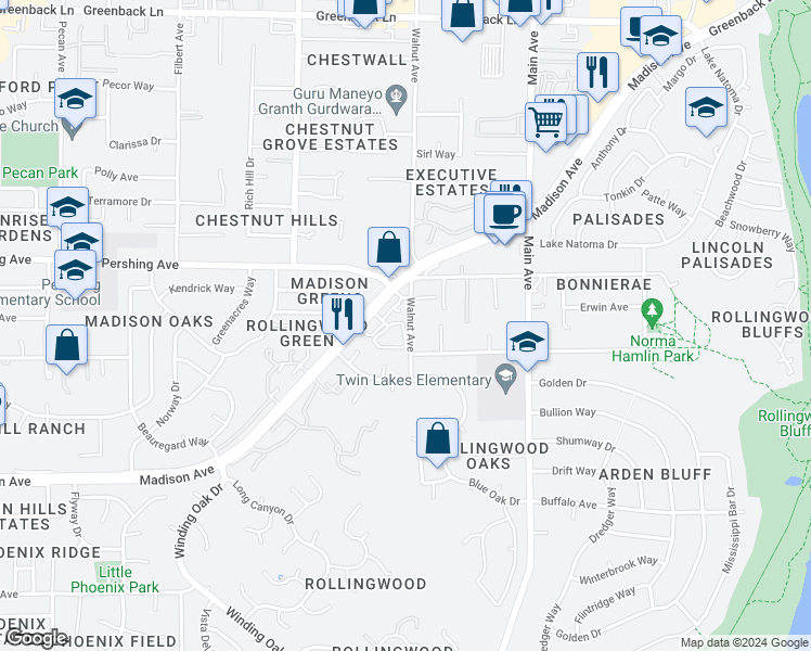 map of restaurants, bars, coffee shops, grocery stores, and more near 5617 Walnut Avenue in Orangevale