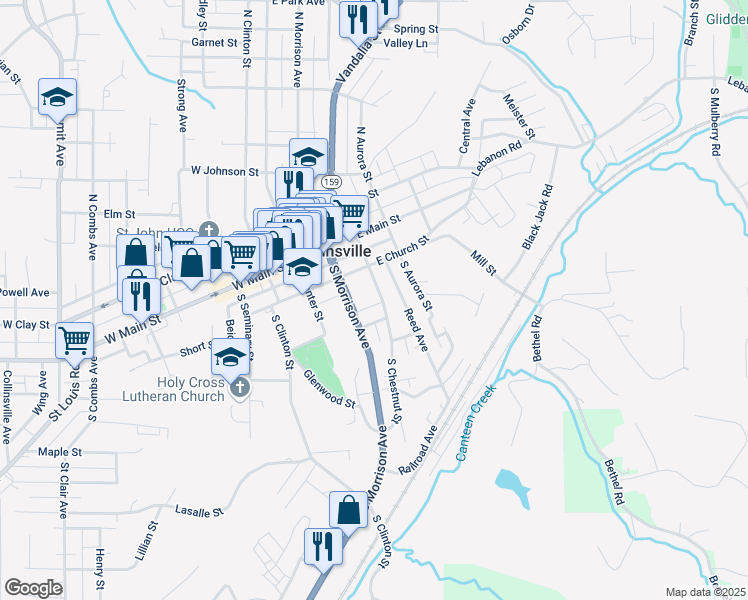 map of restaurants, bars, coffee shops, grocery stores, and more near 226 South Morrison Avenue in Collinsville