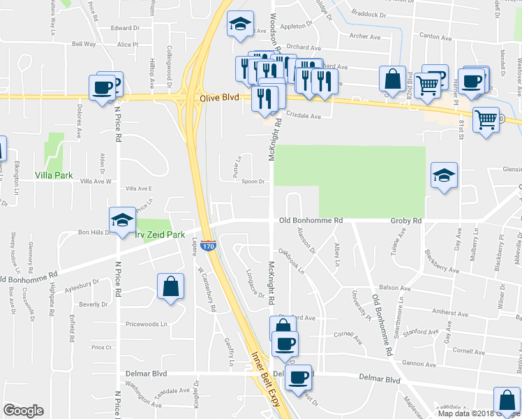 map of restaurants, bars, coffee shops, grocery stores, and more near 8631 Old Bonhomme Road in St. Louis