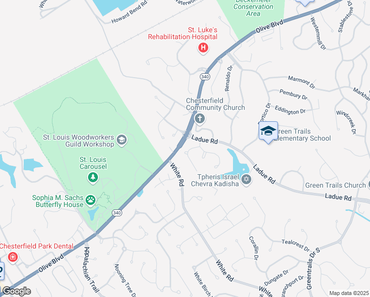 map of restaurants, bars, coffee shops, grocery stores, and more near 120 Bellechasse Drive in Chesterfield