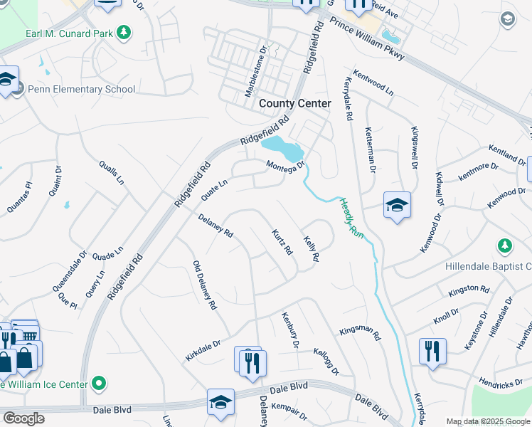map of restaurants, bars, coffee shops, grocery stores, and more near 13225 Kurtz Road in Woodbridge