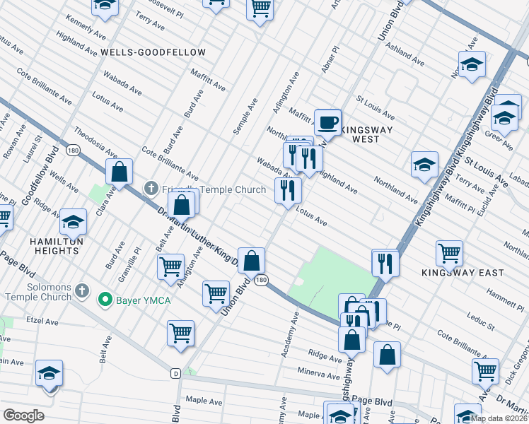 map of restaurants, bars, coffee shops, grocery stores, and more near 5326 Cote Brilliante Avenue in St. Louis