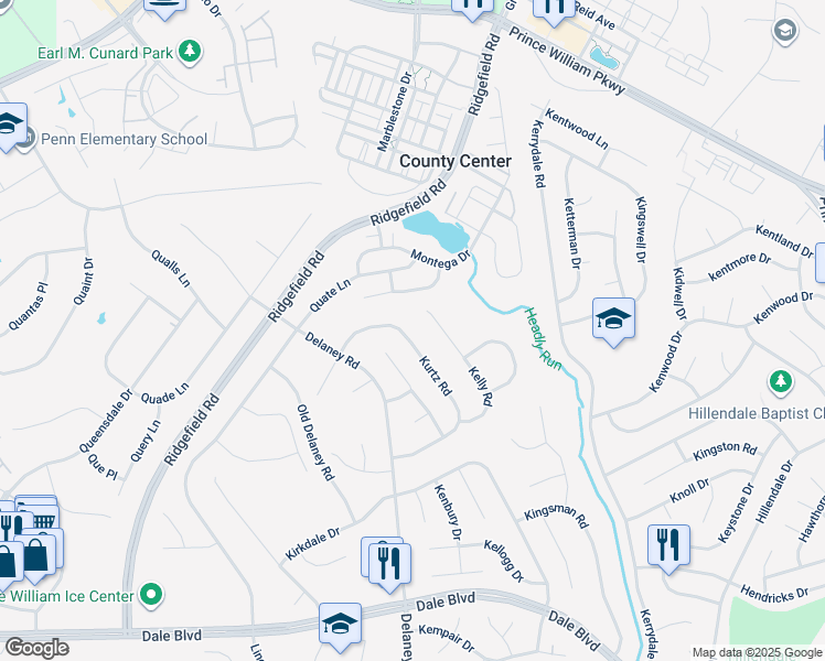 map of restaurants, bars, coffee shops, grocery stores, and more near 13225 Kurtz Road in Woodbridge