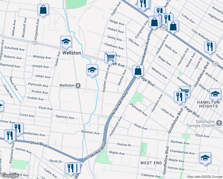 map of restaurants, bars, coffee shops, grocery stores, and more near 6225 Plymouth Avenue in St. Louis