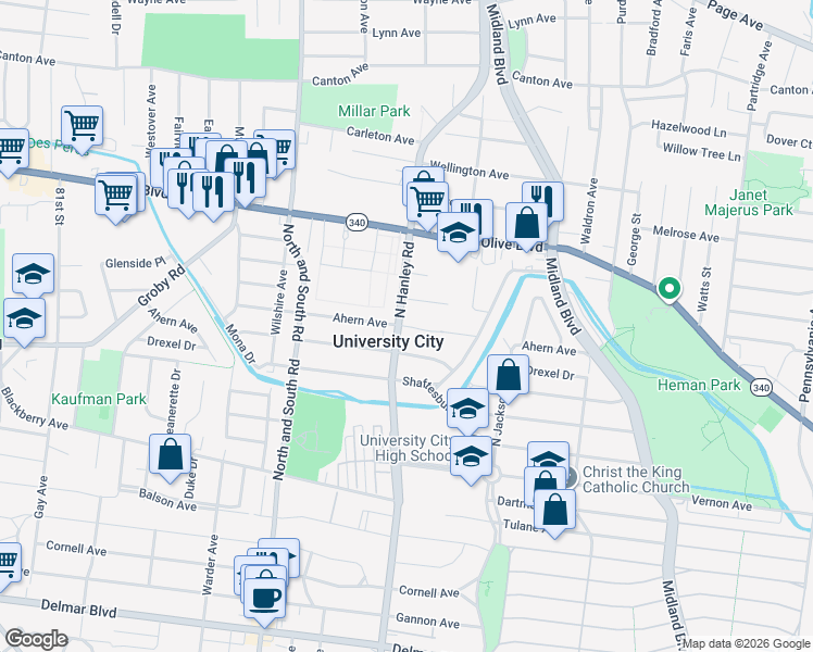 map of restaurants, bars, coffee shops, grocery stores, and more near 7477 Ahern Court in Saint Louis