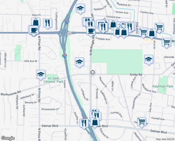 map of restaurants, bars, coffee shops, grocery stores, and more near 8631 Old Bonhomme Road in St. Louis