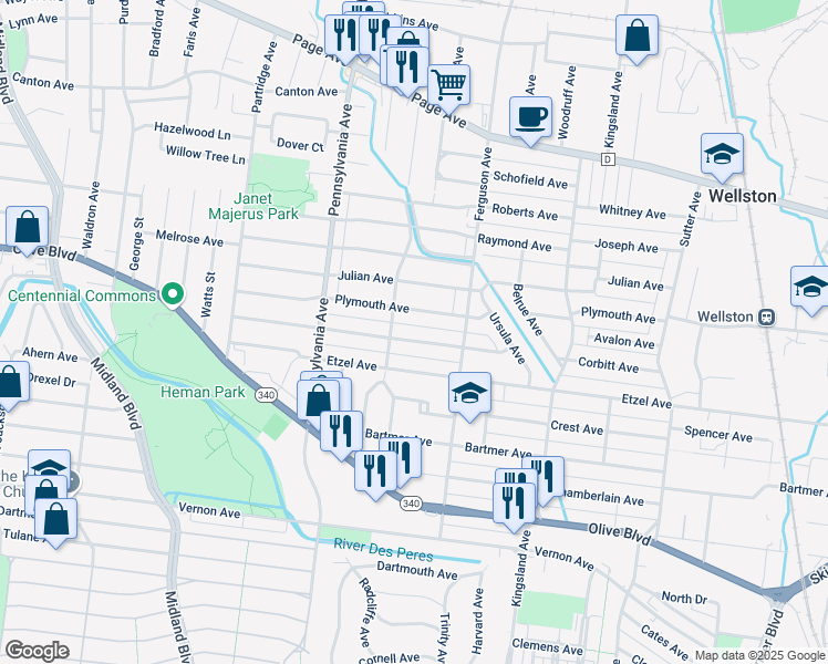 map of restaurants, bars, coffee shops, grocery stores, and more near 6845 Corbitt Avenue in University City